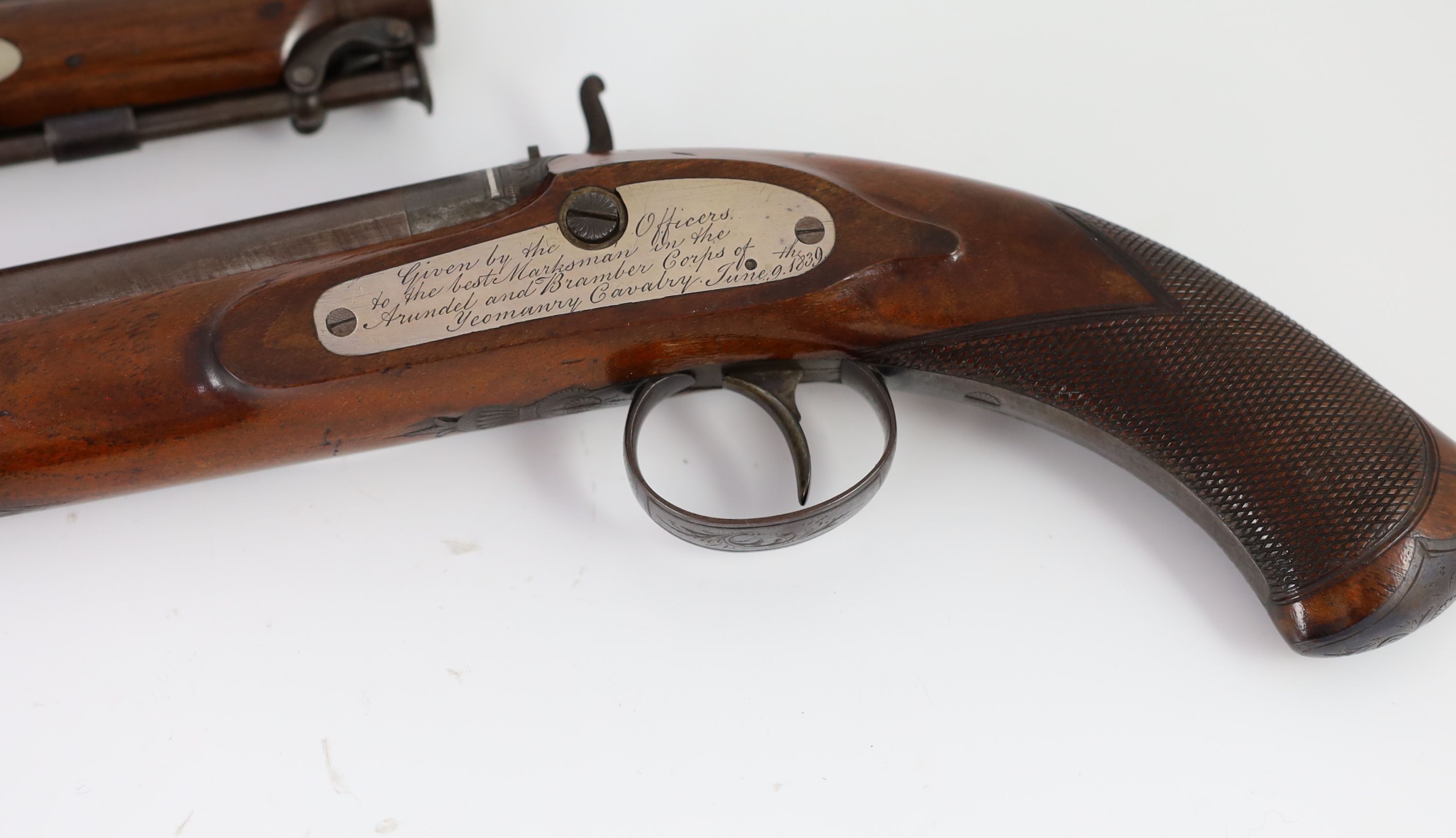 A good cased pair of percussion pistols, by E & W Bond, London, with Arundel and Bramber Corps of Yeomanry Cavalry presentation inscription dated 1839, Pistol length 38cm, hammers damaged